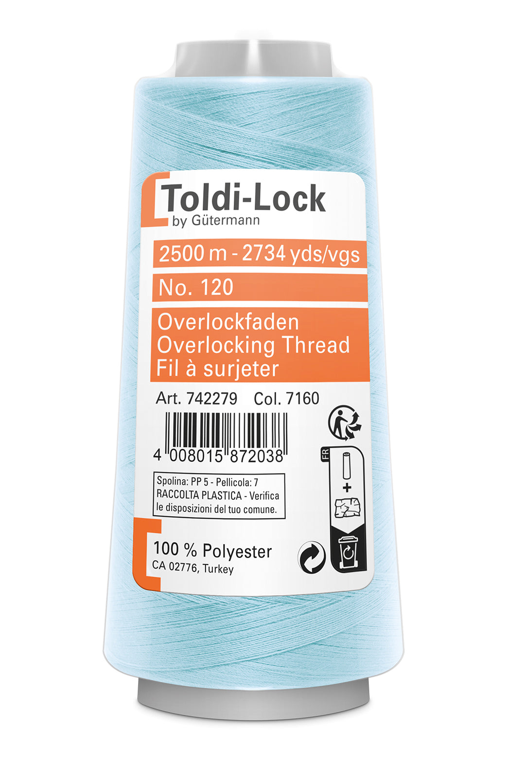7160 Lys turkis – Gütermann Toldi-Lock overlocktråd 2500 m – i emballage