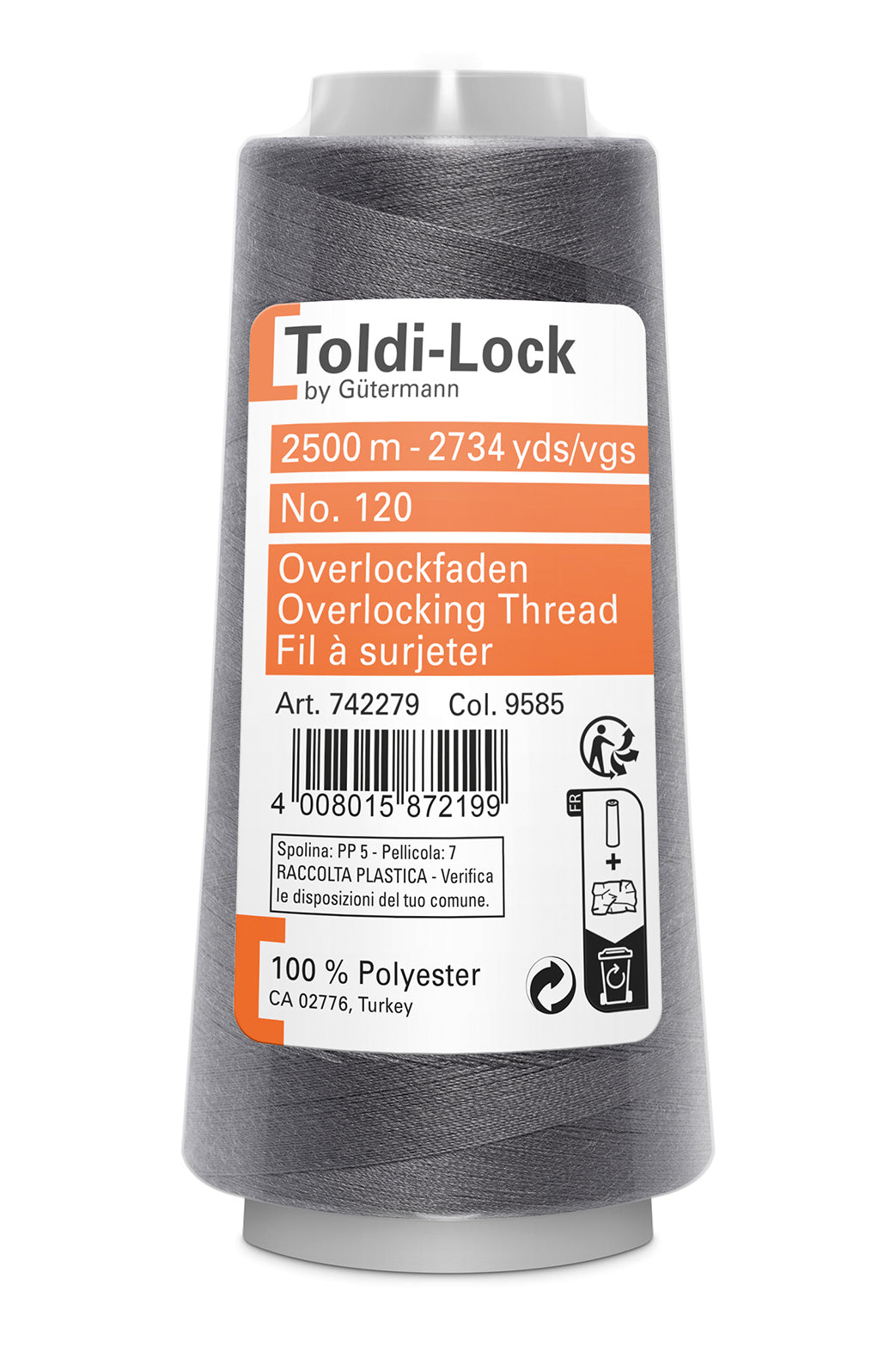 9585 Mørkegrå – Gütermann Toldi-Lock overlocktråd 2500 m – i emballage