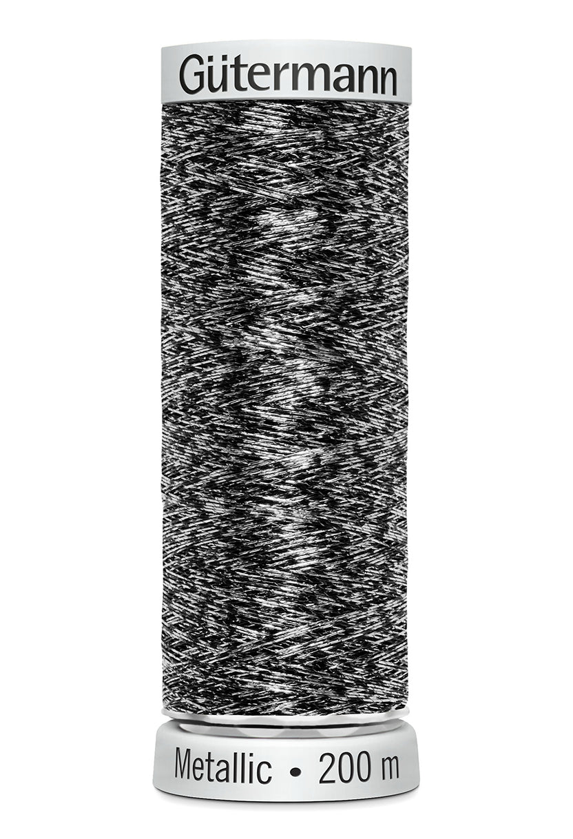 Gütermann SULKY Metallic, 200 m, farve 7023 – Sølv/sort multicolor