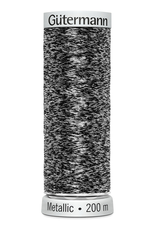 Gütermann SULKY Metallic, 200 m, farve 7023 – Sølv/sort multicolor