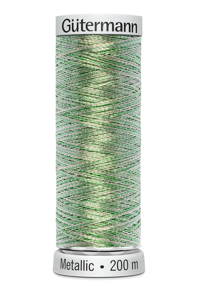 Gütermann SULKY Metallic, 200 m, farve 7025 – Grøn/sølv multicolor