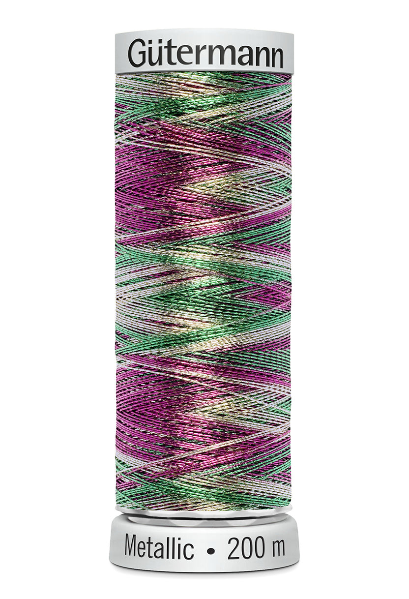 Gütermann SULKY Metallic, 200 m, farve 7029 – Lilla/grøn/sølv multicolor