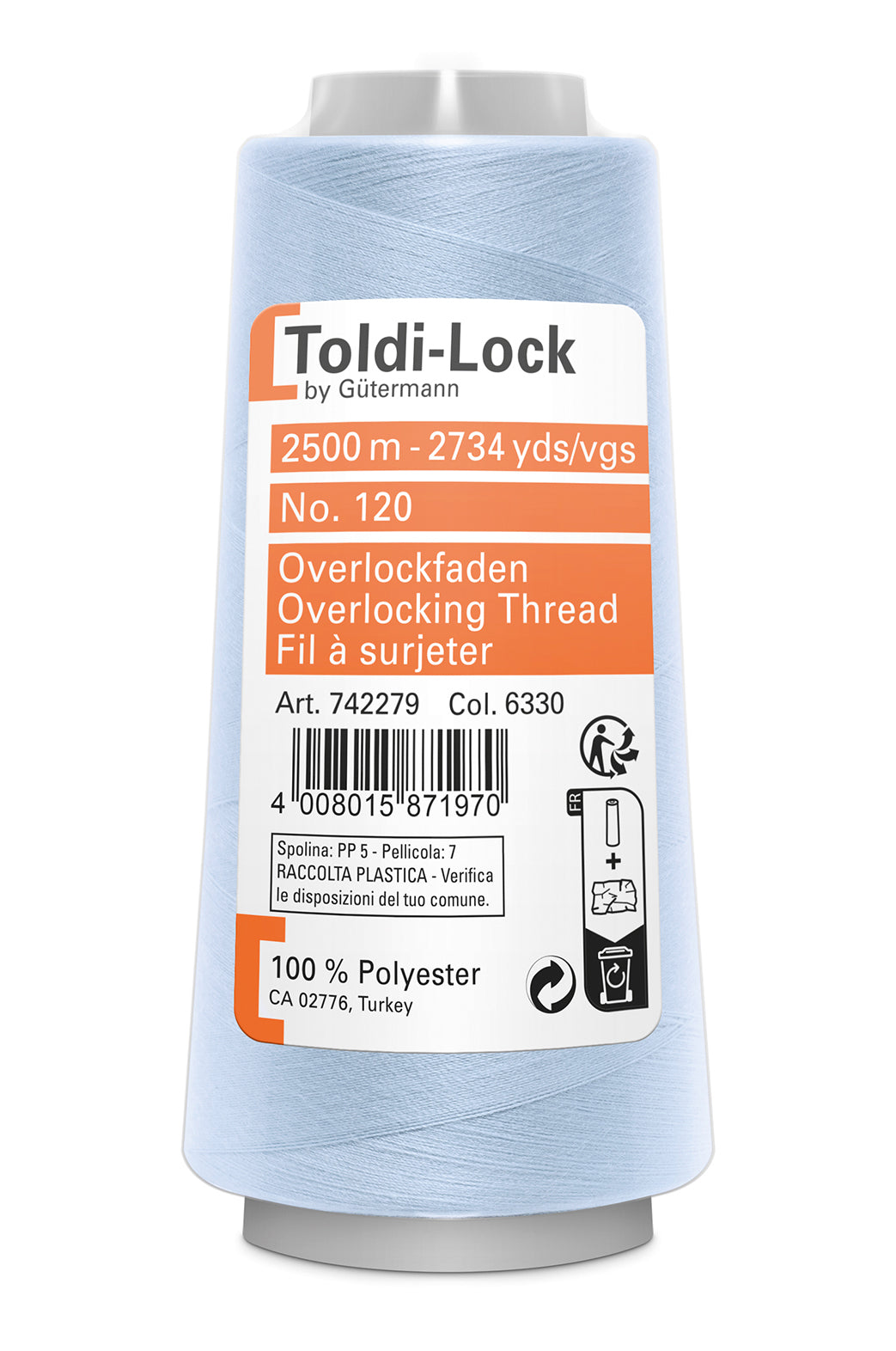 6330 Isblå – Gütermann Toldi-Lock overlocktråd 2500 m – i emballage