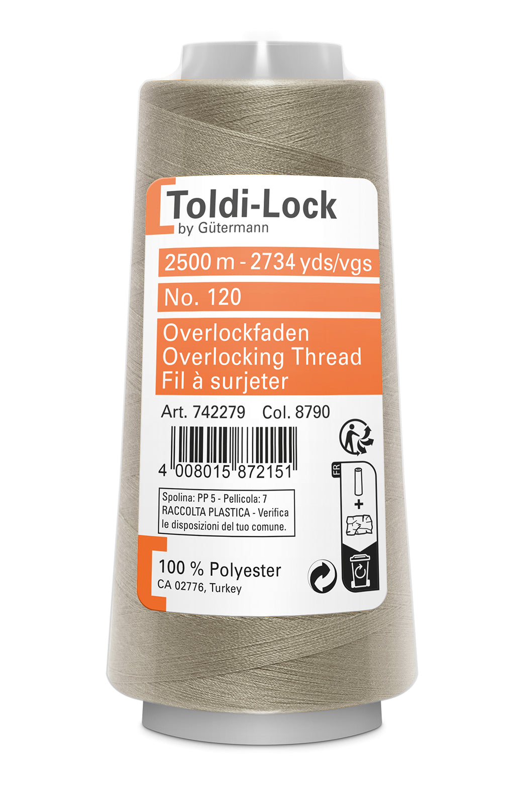 8790 Grågrøn – Gütermann Toldi-Lock overlocktråd 2500 m – i emballage