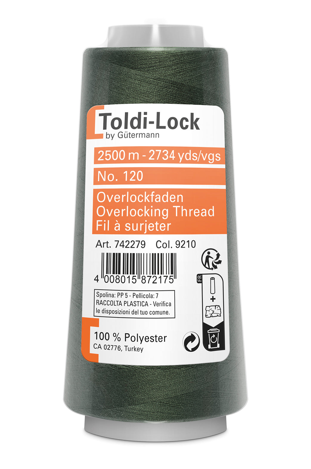 9210 Olivengrøn – Gütermann Toldi-Lock overlocktråd 2500 m – i emballage